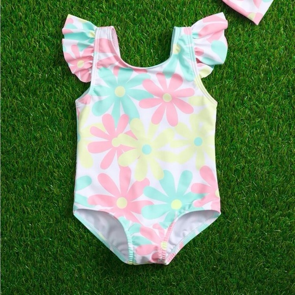 Baby Girl Floral One Piece Swimsuit With Hairband - Picture 3 of 4
